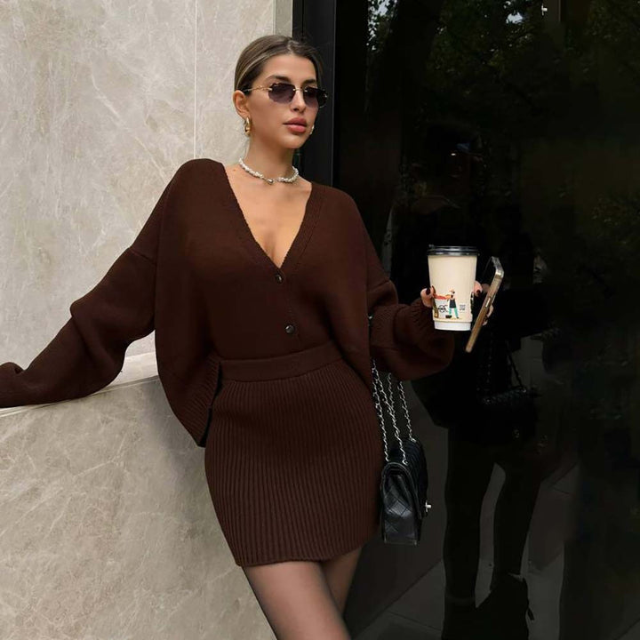 Knitted set for women with deep V-neck and button detail Lune London