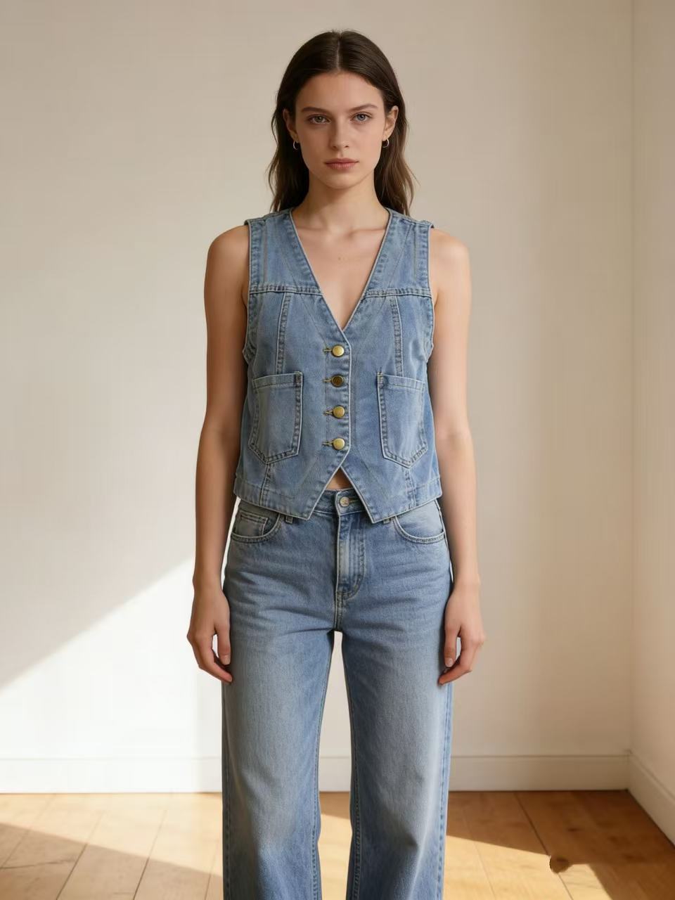 Women's Casual Denim Vest with Button Details and Patch Pockets Lune London