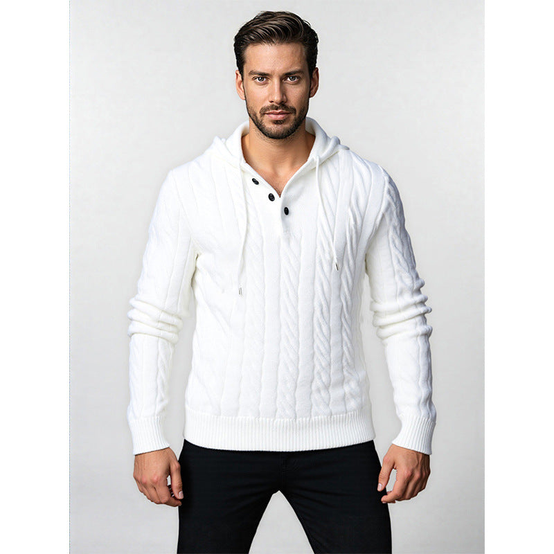 Men's stylish knitted sweater with hood and button details Lune London