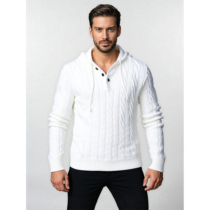 Men's stylish knitted sweater with hood and button details Lune London