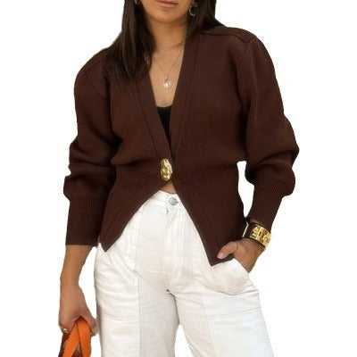 Elegant knitted cardigan for women with a deep V-neck and decorative button Lune London
