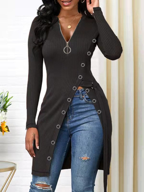 Fitted blouse for women with button details and a deep V-neck Lune London