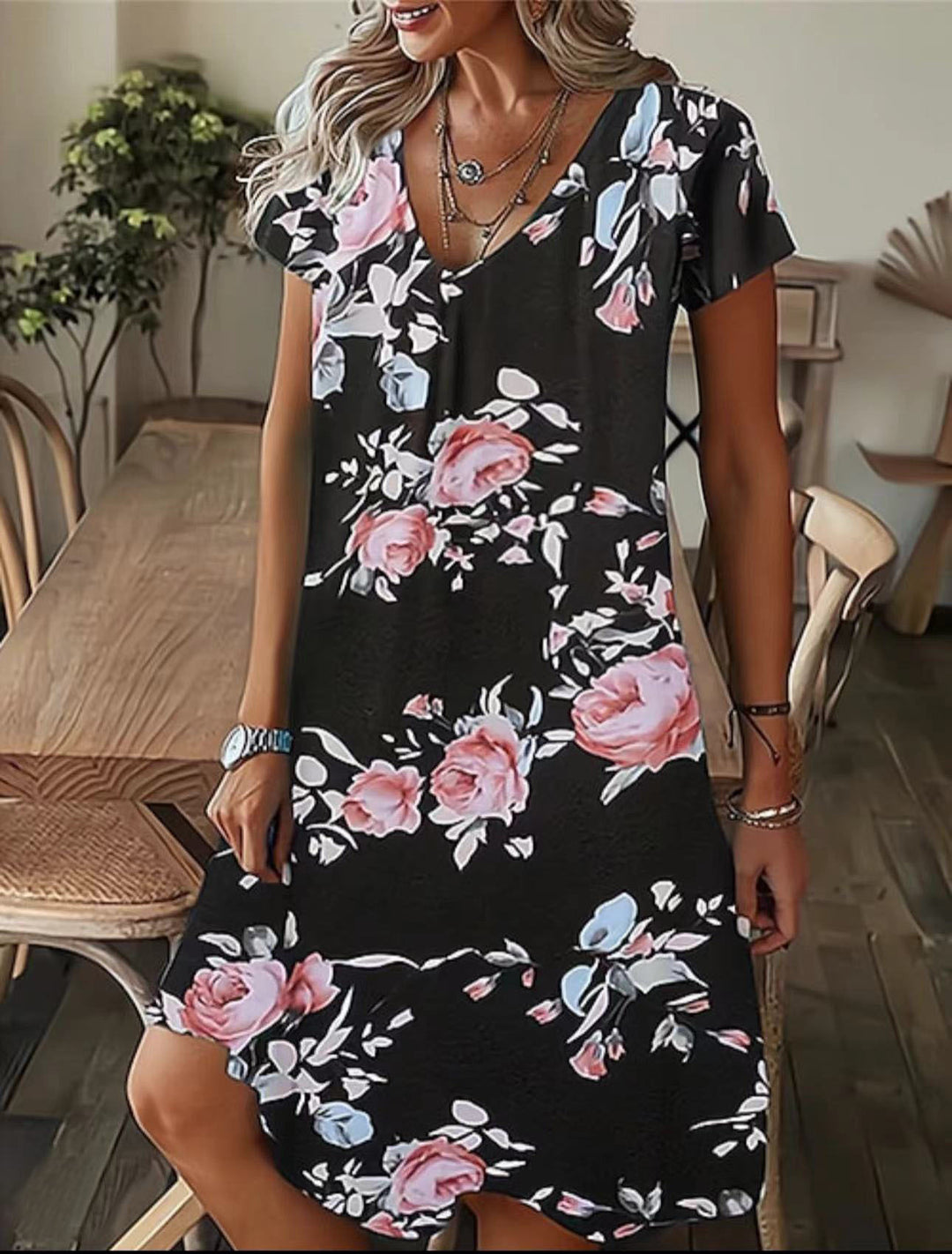 Fluid V-neck midi dress for women with abstract pattern Lune London