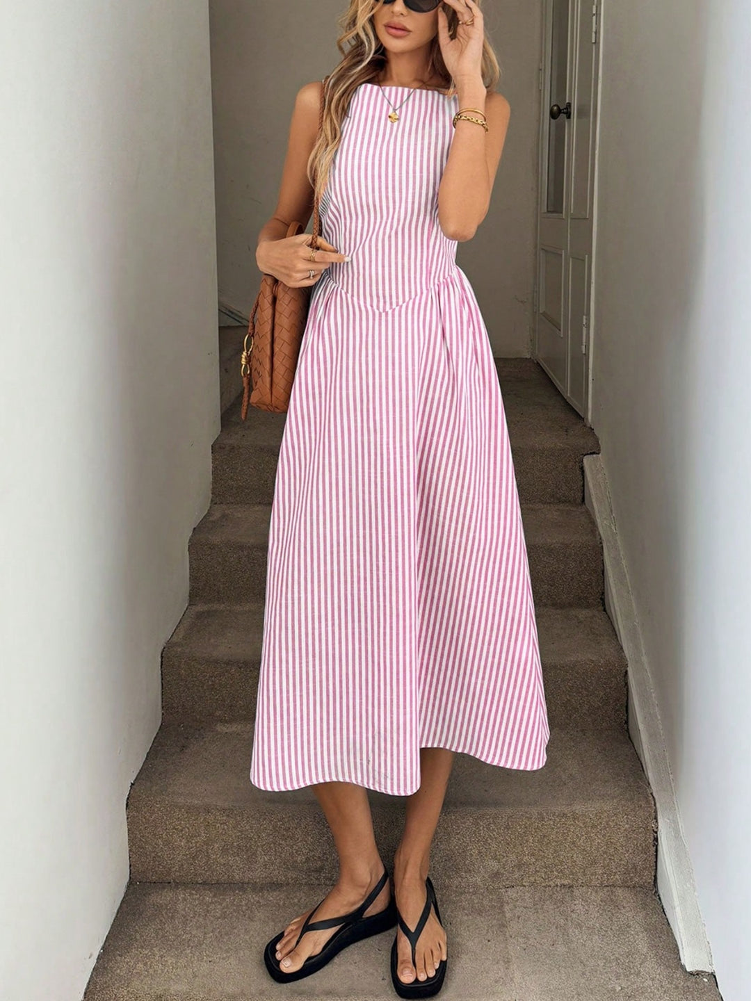 Midi dress for women with fine stripes and a fitted silhouette Lune London