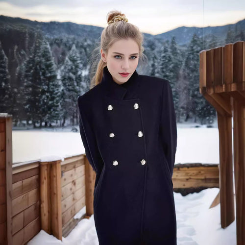 Elegant wool coat for women with double-breasted buttons and practical high collar Lune London