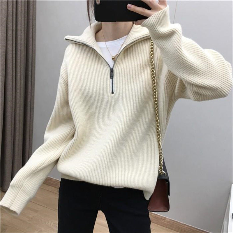 Knit sweater for women with high collar and half-zip Lune London