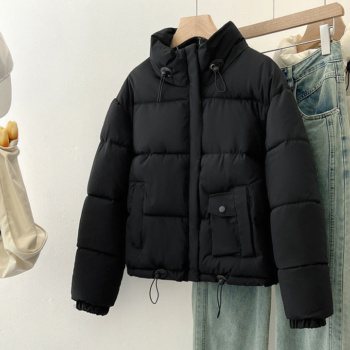 Fashionable short reversible jacket for women with high collar and practical pockets Lune London