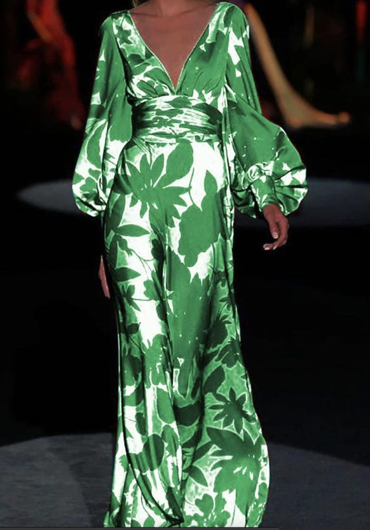 Maxi dress for women with deep V-neck and voluminous sleeves Lune London