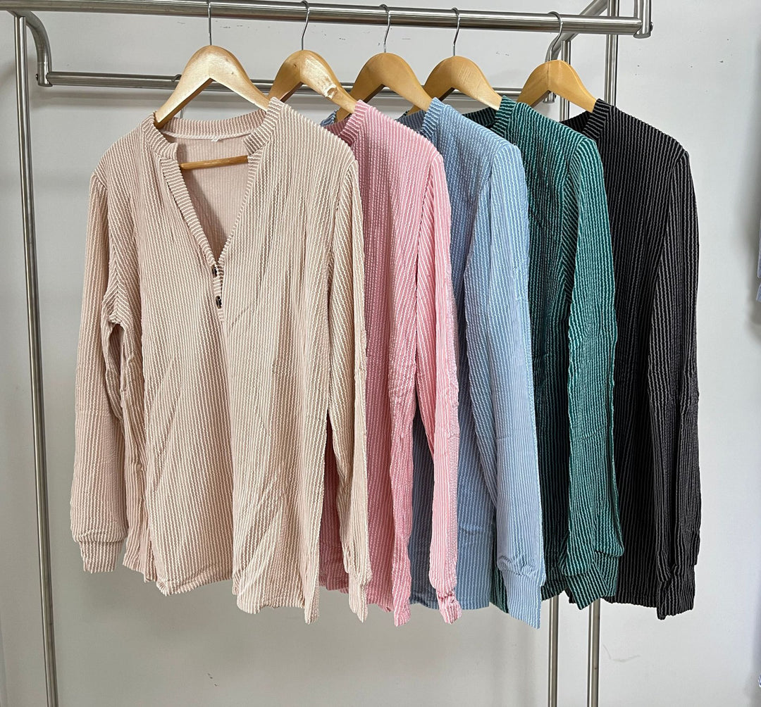 Long sleeve women's t-shirt with a trendy Henley neckline and structured ribbed texture Lune London