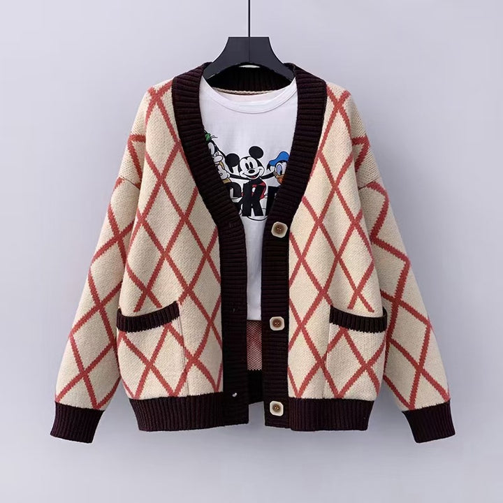 Ladies chunky knit checked pattern cardigan Lune London