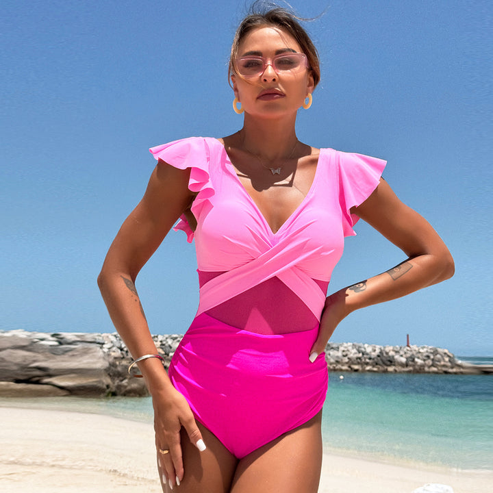 Ladies Ruffled Cross Front Monokini Chic Swimwear