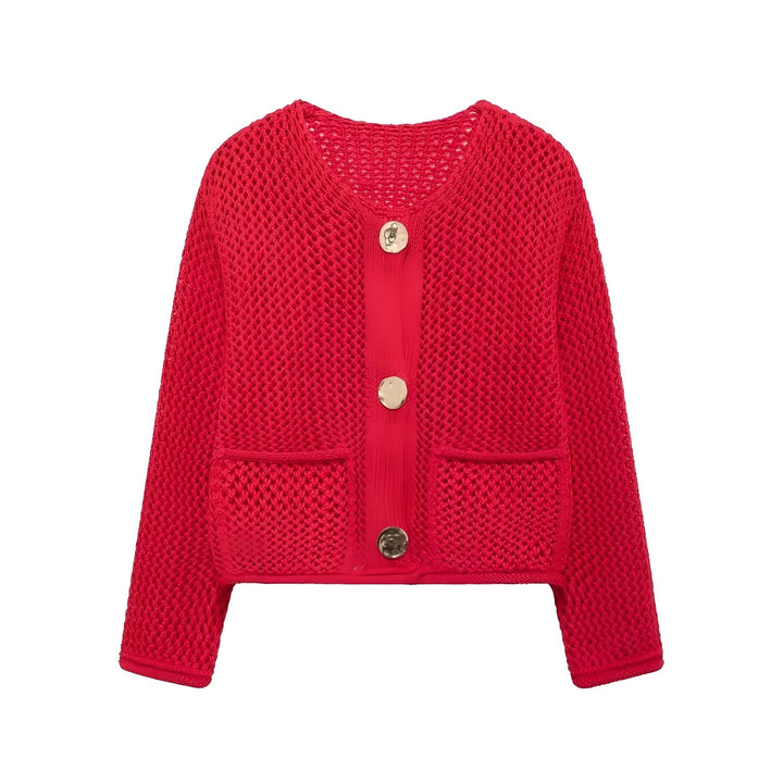 Casual knit jacket for women with textured hole pattern and practical pockets Lune London