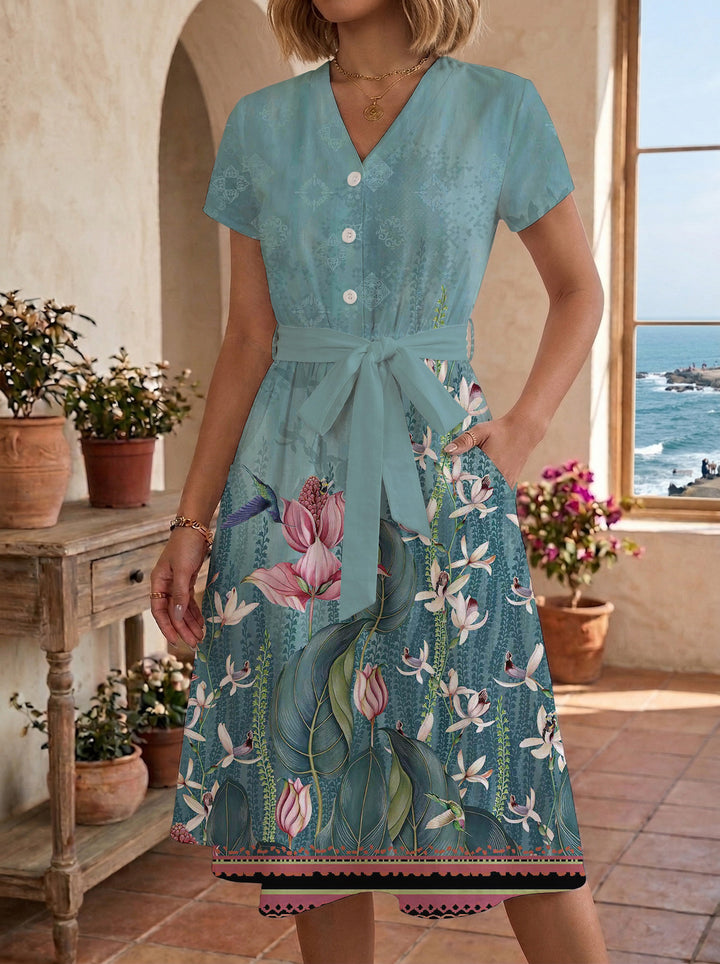 Women's Blooming Midi Dress with Adjustable Belt and Artistic Print Lune London