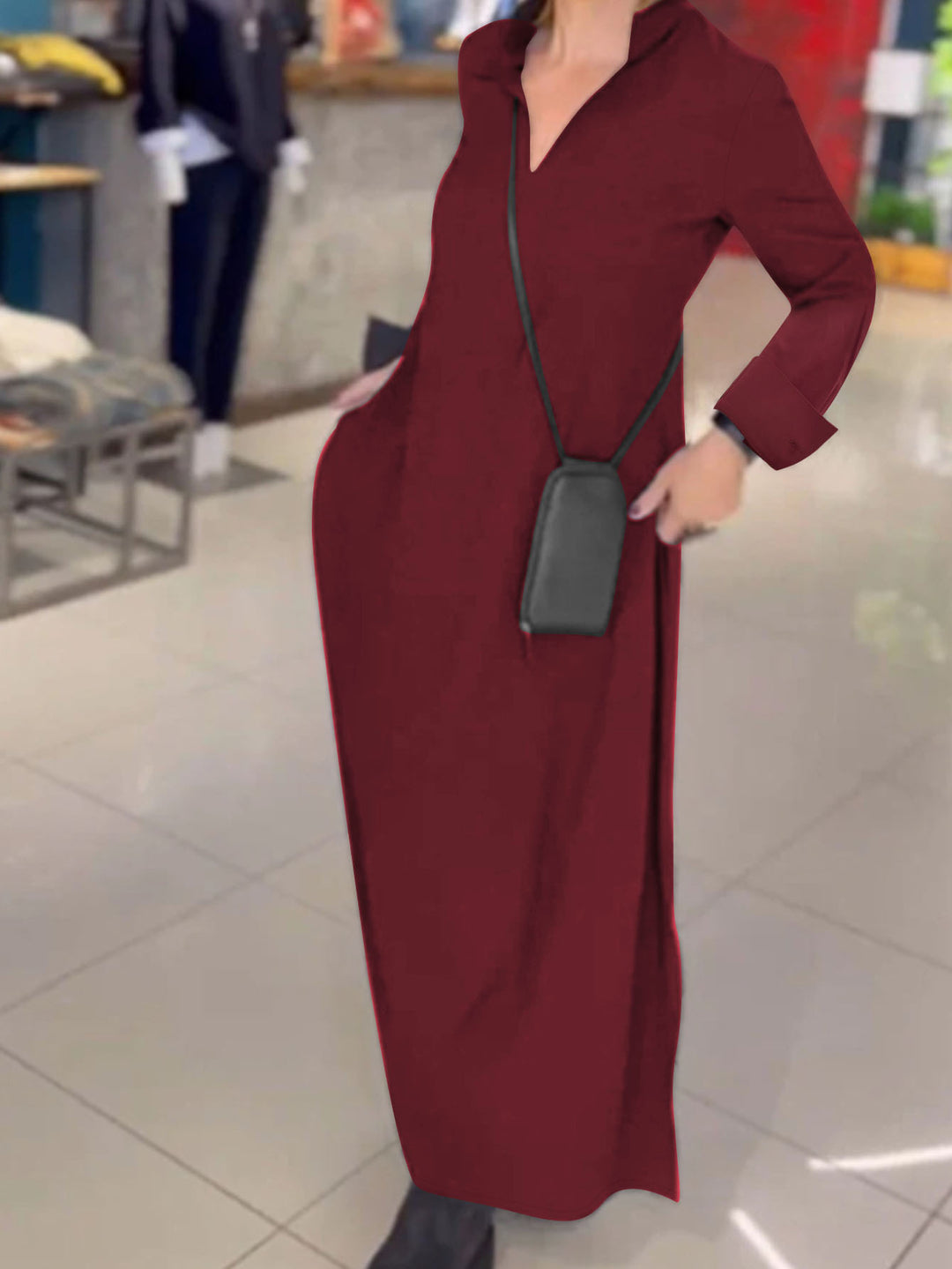 Maxi dress for women with a practical V-neckline and pockets Lune London