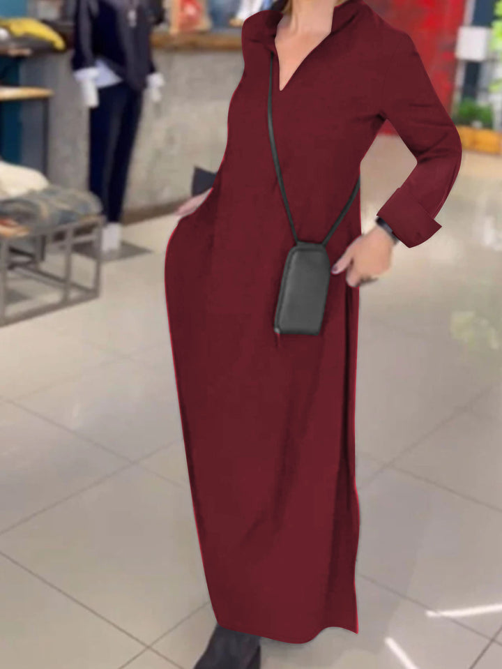 Maxi dress for women with a practical V-neckline and pockets Lune London