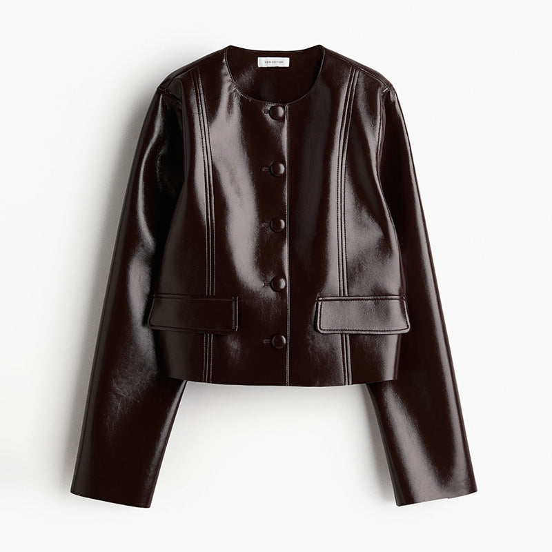 Trendy faux leather set for women with short jacket and short skirt Lune London