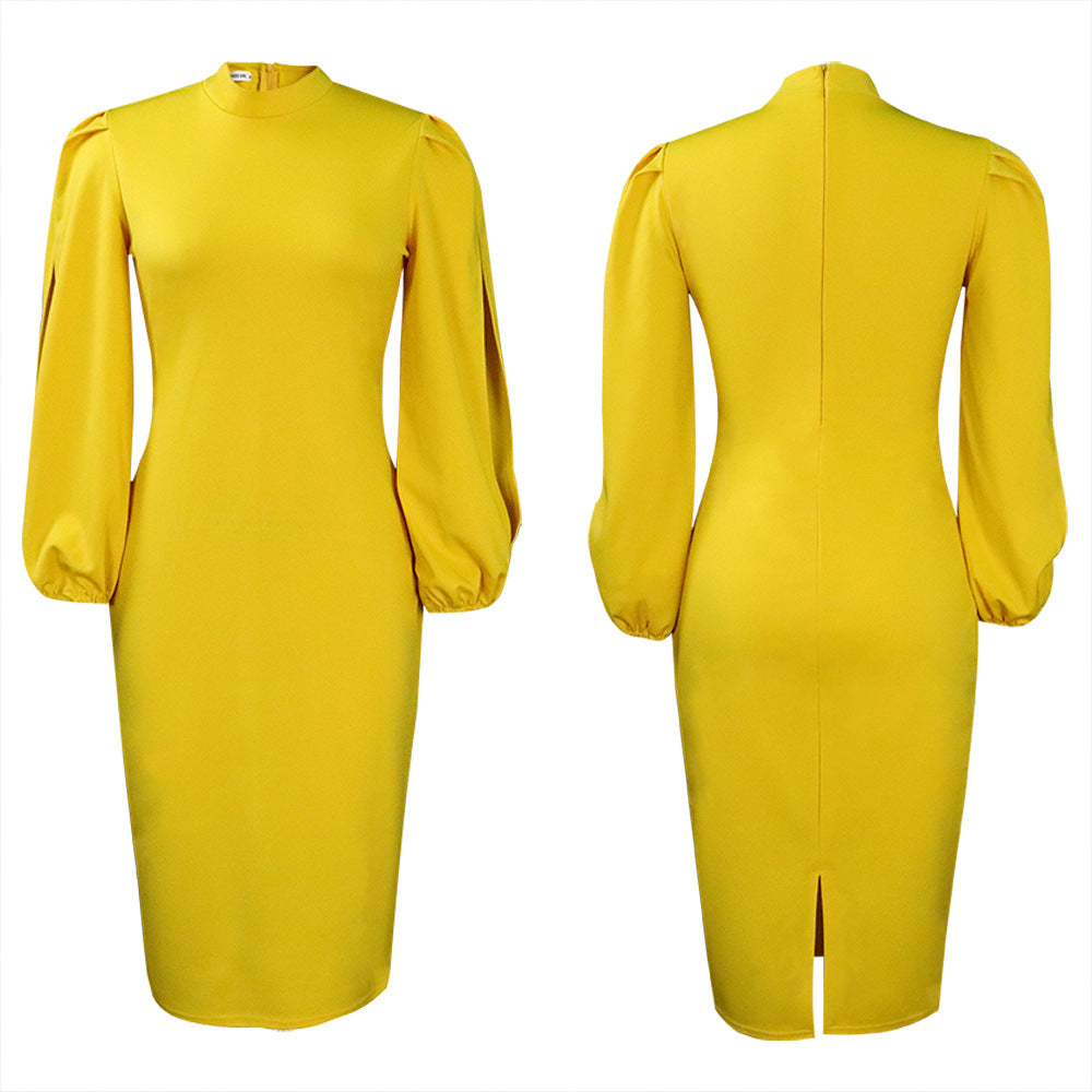 Ladies Elegant Bodycon Dress with Puff Sleeves and High Neck Lune London