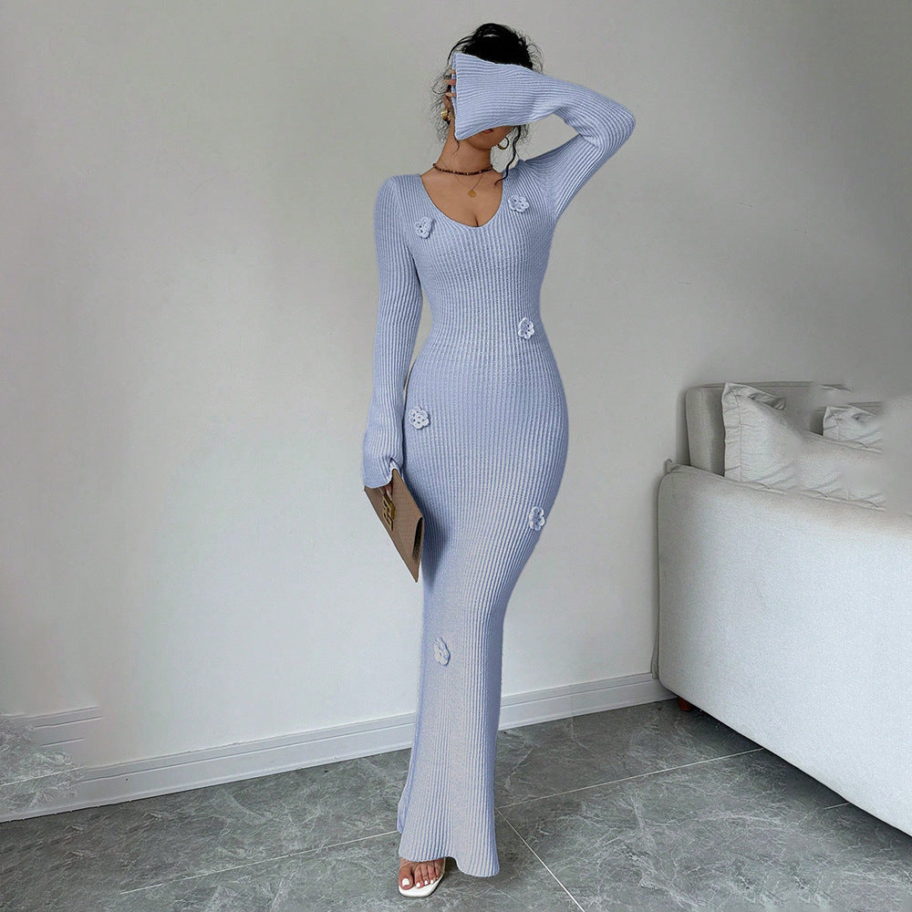 Maxi dress for women with elegant ribbed knit and trendy floral appliqués Lune London
