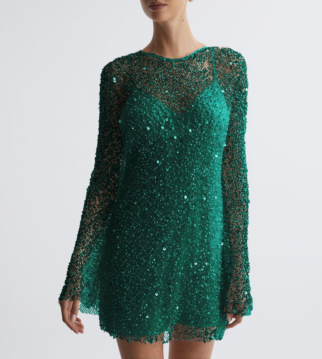 Women Glittering Cocktail Dress with Shimmering Sequins and Long Sleeves Lune London