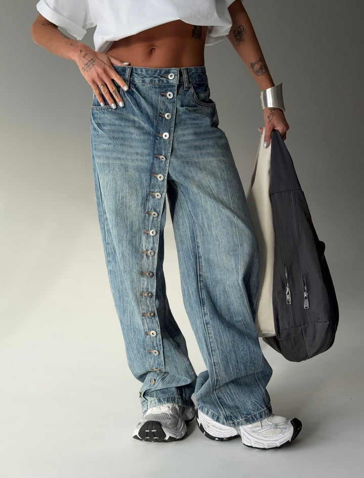 Jeans pour femmes à coupe large avec boutonnière continue Chic & Stil