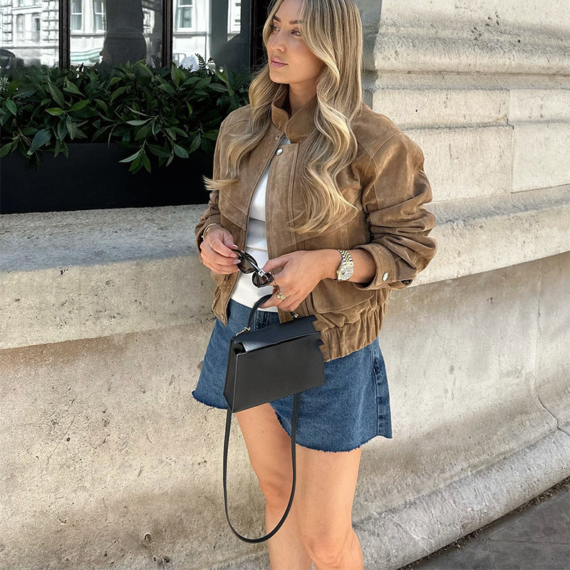 Suede jacket for women in a modern cropped style with pockets Lune London
