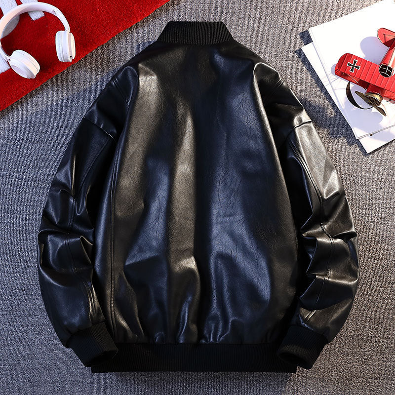 Men's faux leather bomber jacket with elastic ribbed edges and practical pockets Lune London