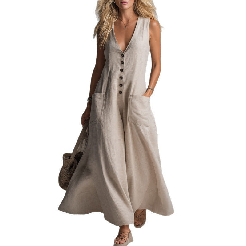 Women's elegant jumpsuit with deep V-neckline and practical pockets Lune London