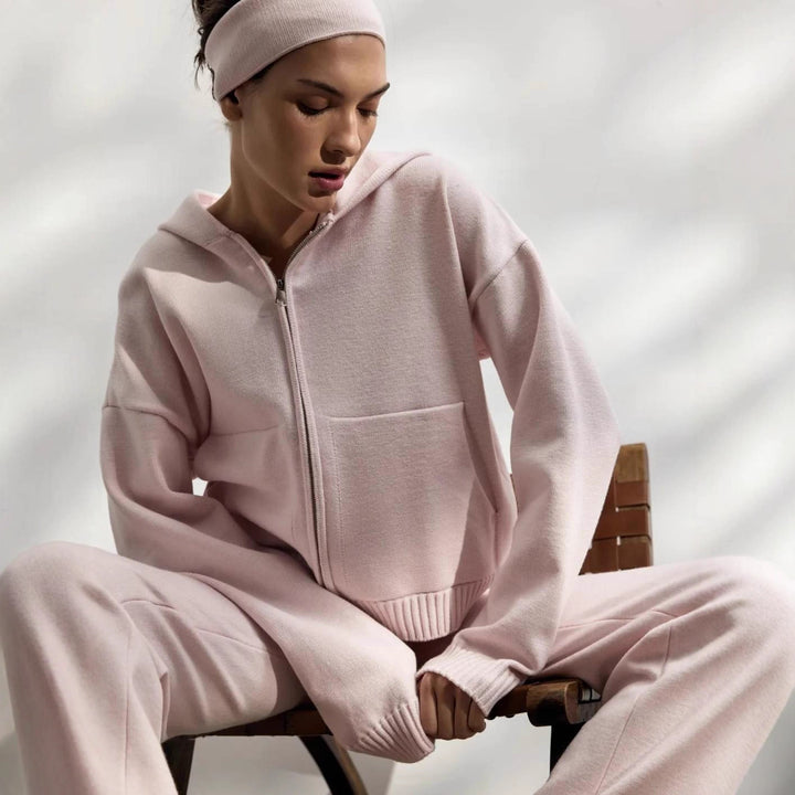 Casual knit outfit for women with hoodie jacket and comfortable palazzo pants Lune London