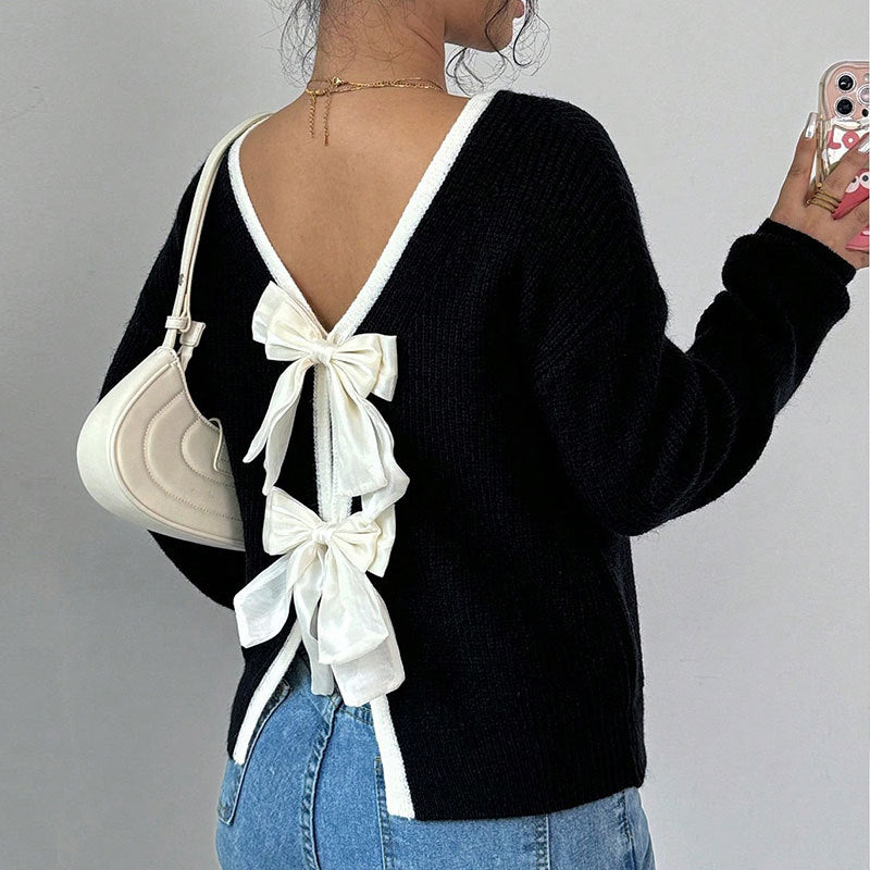 Pull-over en tricot pour femmes avec un col en V et des nœuds décoratifs autour