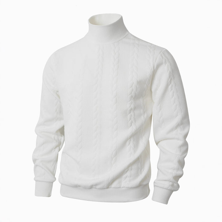 Knit sweater for men with high collar and innovative cable details Lune London