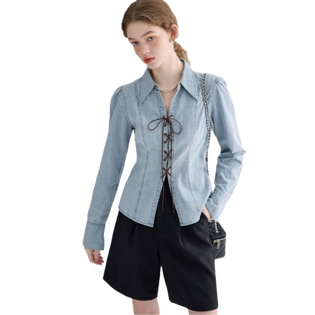 Elegant denim blouse for women with lace closure Lune London