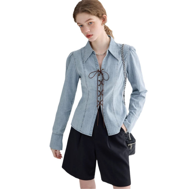 Elegant denim blouse for women with lace closure Lune London