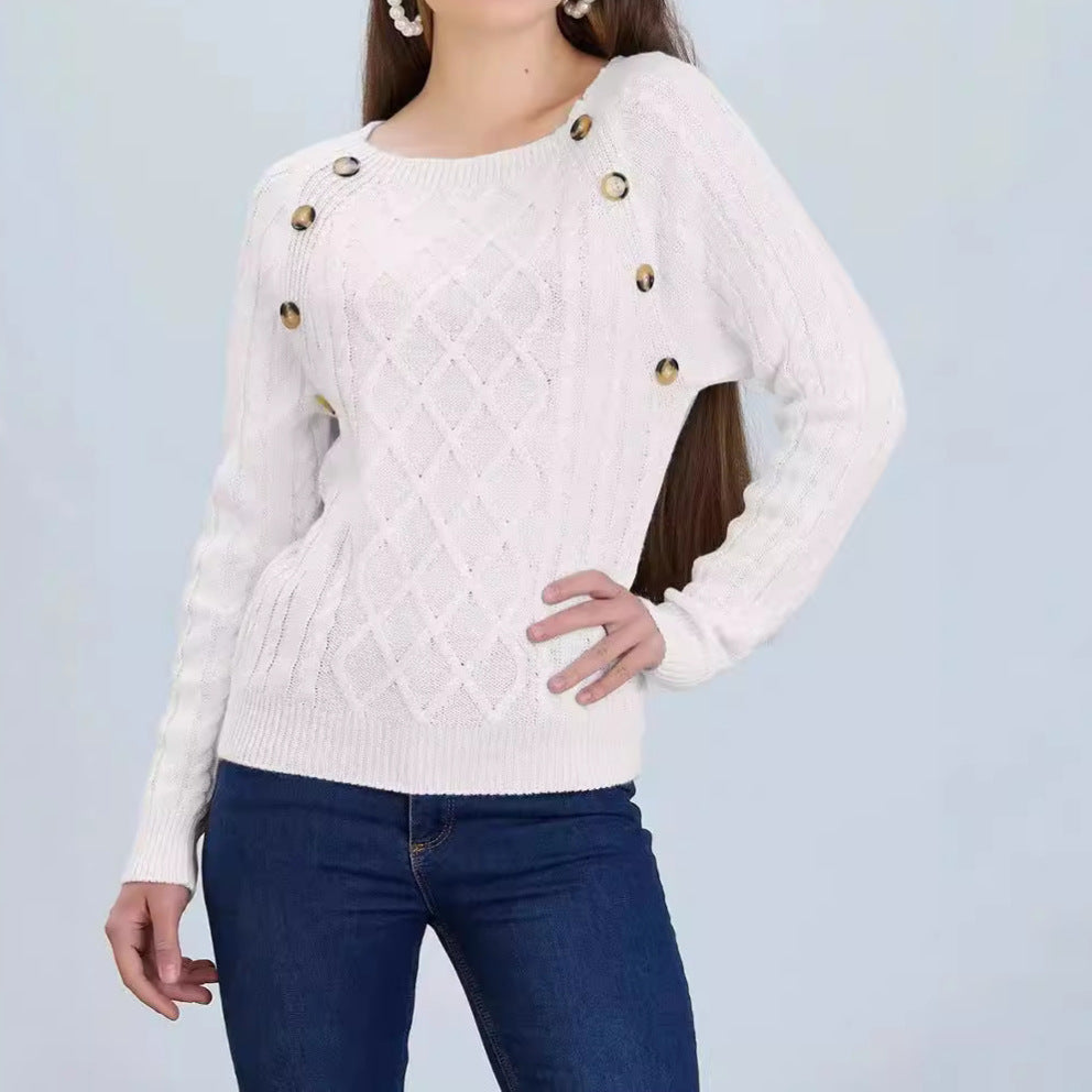 Women's knitted sweater with classic diamond pattern and decorative buttons Lune London