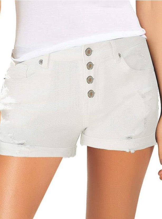 Women's stylish high-waist denim shorts with button details and frayed hem Lune London
