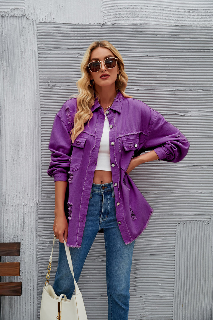 Oversized denim jacket for women with modern distressed details Lune London