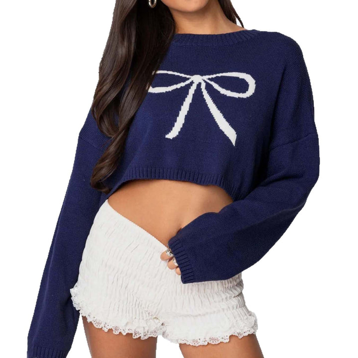 Women casual short sweater with decorative bow pattern Lune London