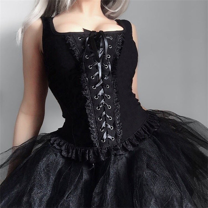 Women's Corset Top with Ruffle Details and Satin Ribbons Lune London