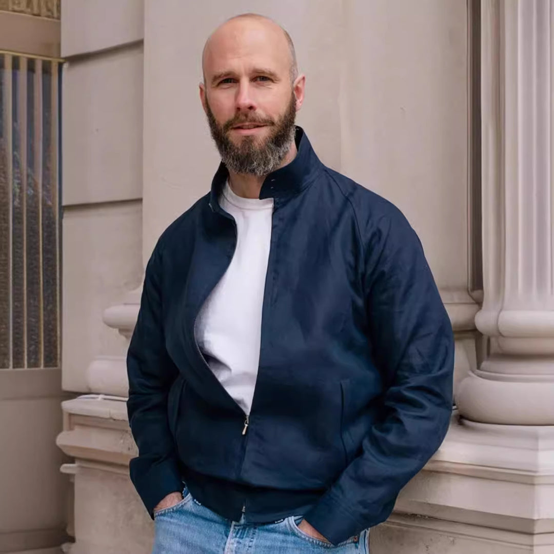 Lightweight transition jacket for men with modern high collar Lune London