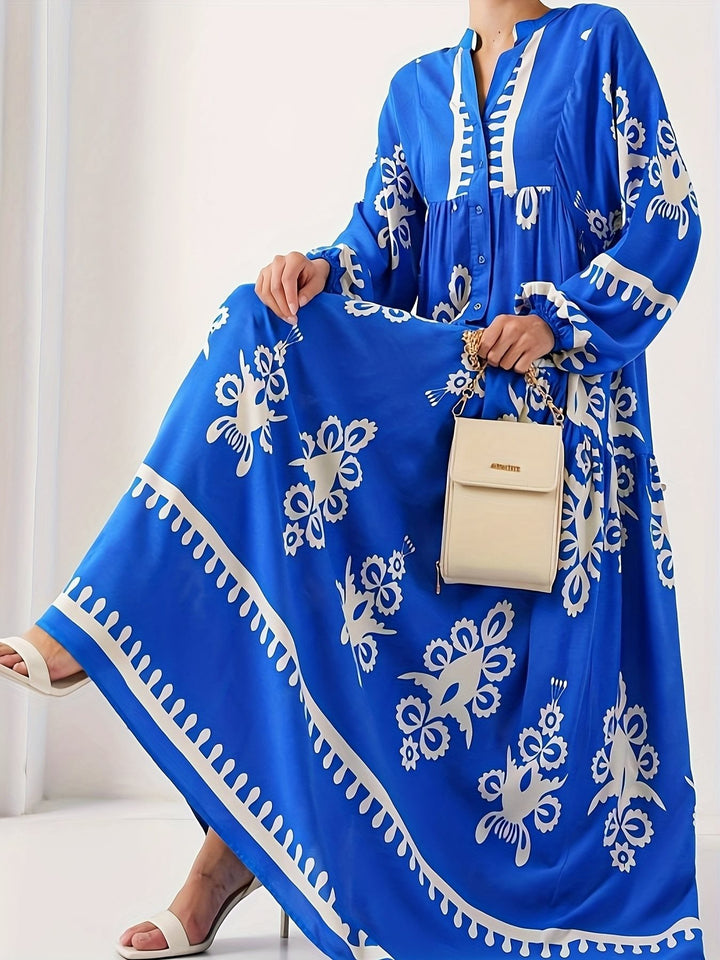 Long kaftan dress for women with floral accents and buttons Lune London