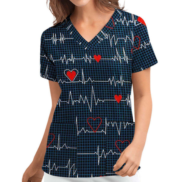 Women V Neck Heart Pattern Chic Medical Blouse and Style