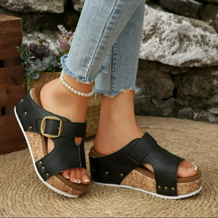 Comfortable wedge sandals for women with adjustable strap and cork sole Lune London