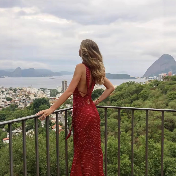 Maxi dress for women with a refined back and elegant ruffles Lune London