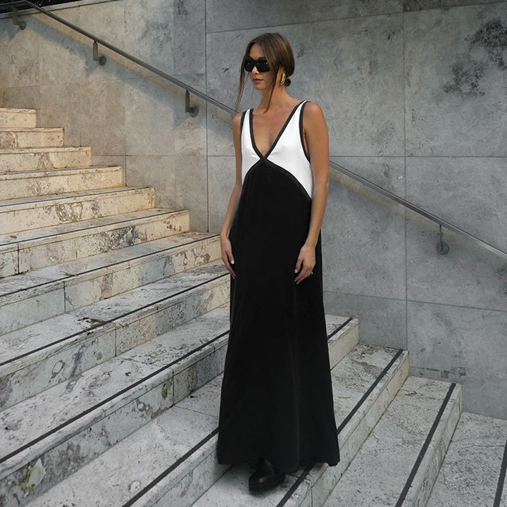 Maxi dress for women with deep V-neckline and asymmetrical design Lune London