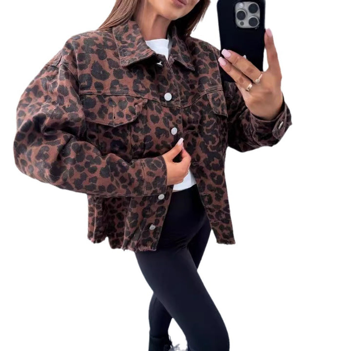 Veste en jean décontractée pour femmes avec imprimé animal et ourlet à franges Chic & Stil