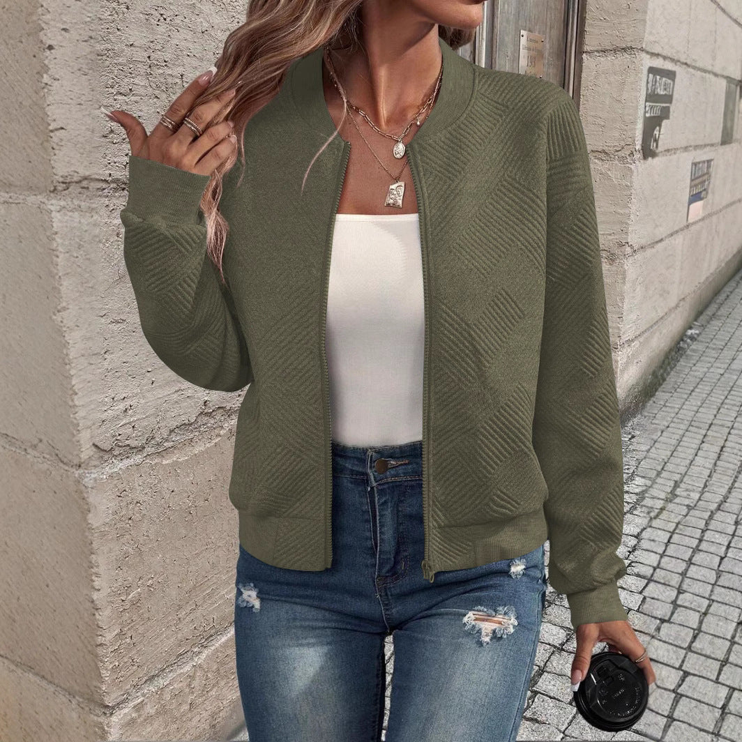 Ladies stylish sweatshirt jacket with textured pattern and high collar Chic and Style