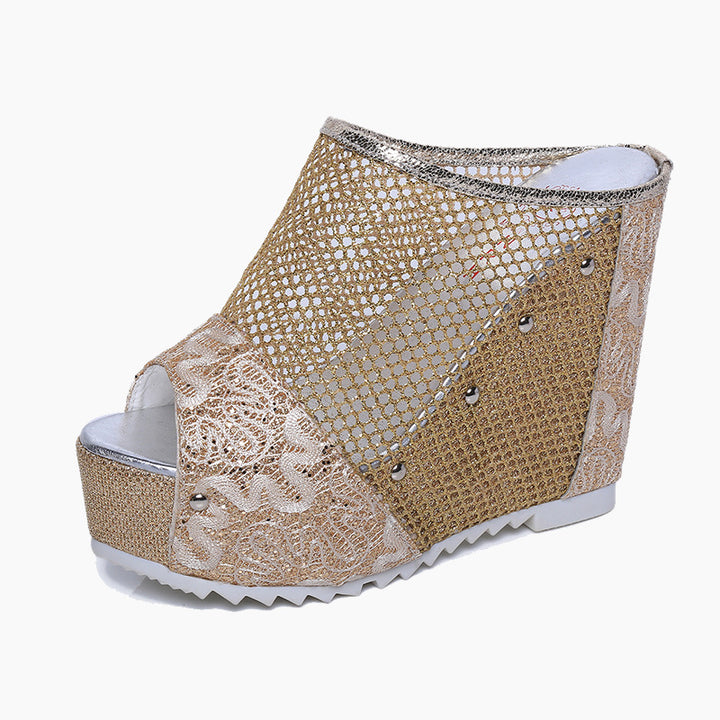 Wedge sandals for women with an elegant mesh design and sparkling appliqués Lune London