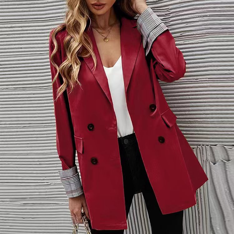 Women Elegant Double-Breasted Blazer with Chic Checkered Detail and Style