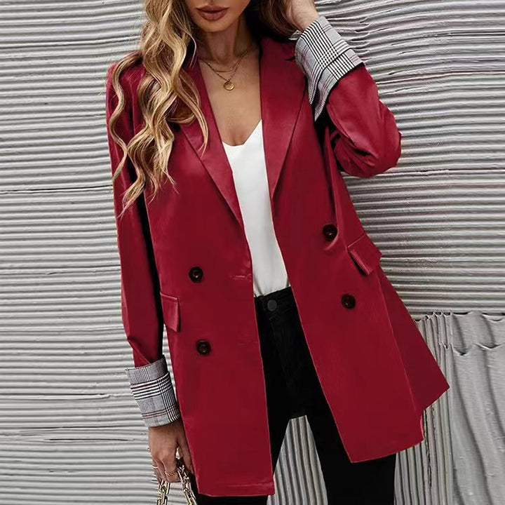 Women Elegant Double-Breasted Blazer with Chic Checkered Detail and Style