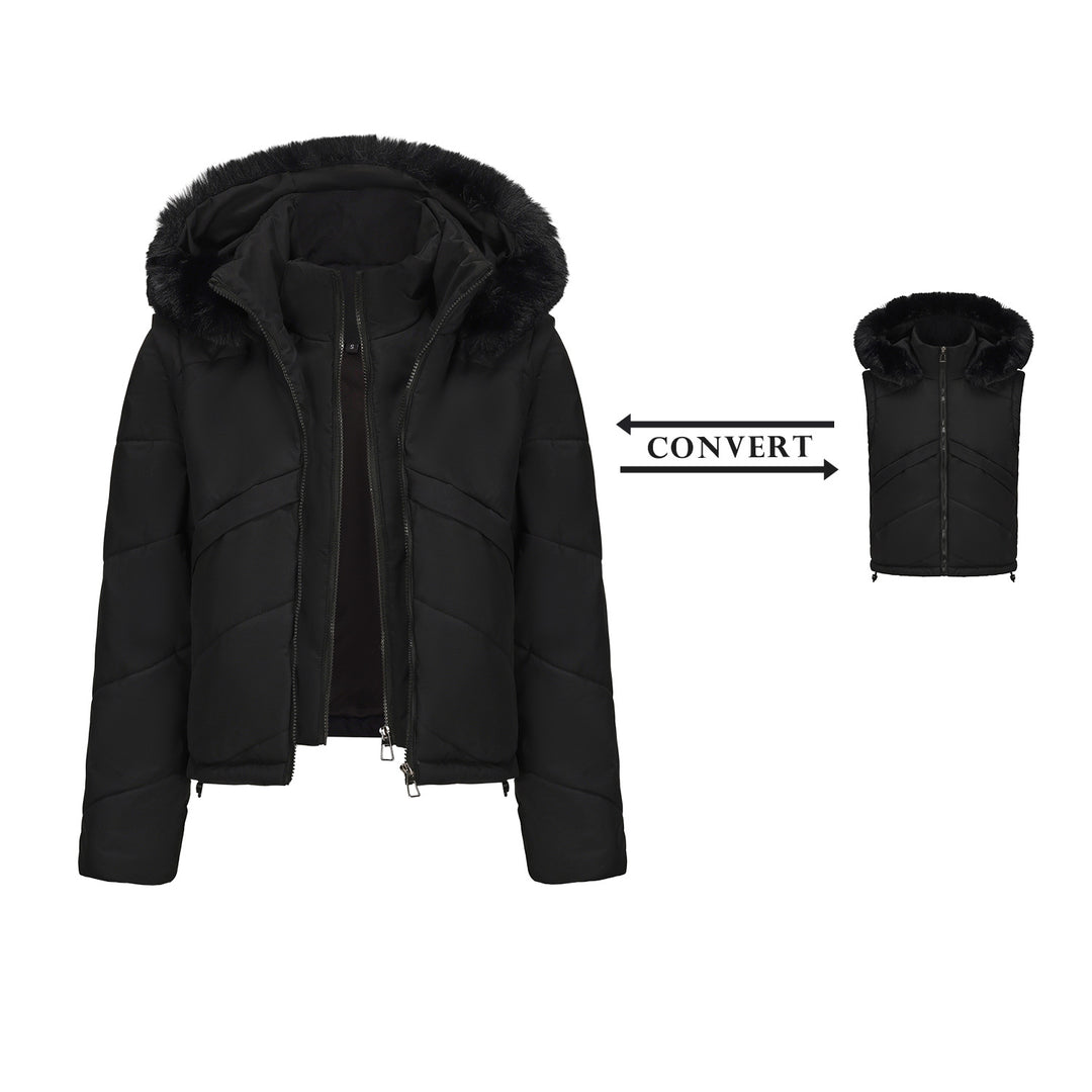 Reversible women's jacket with removable hood and faux fur from Lune London