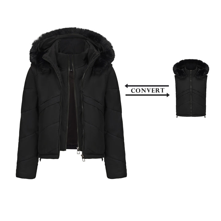 Reversible women's jacket with removable hood and faux fur from Lune London